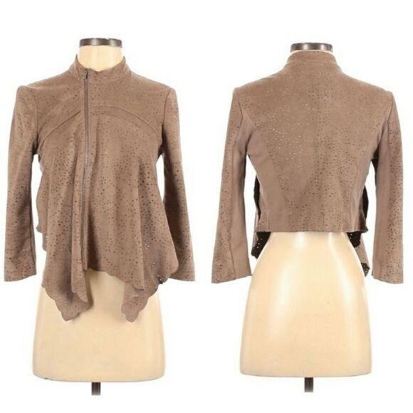 BCBGMaxAzria Faux Suede Perforated Scalloped Hem Asymmetrical Jacket Tan Sz XS - Picture 2 of 13